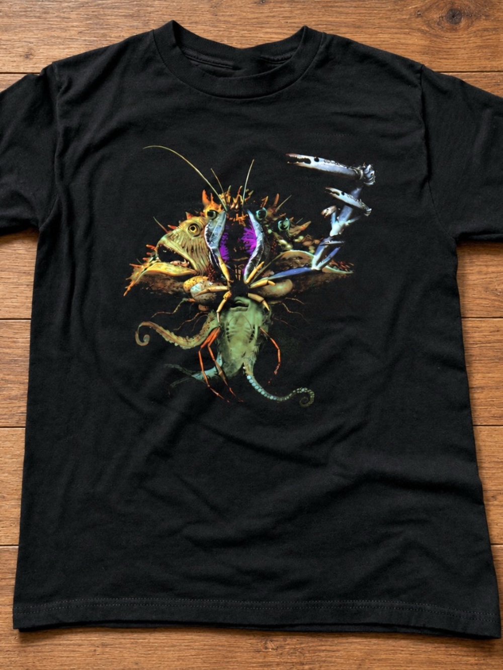 Gildan Black T-Shirt with Colorful Marine Creature Graphic